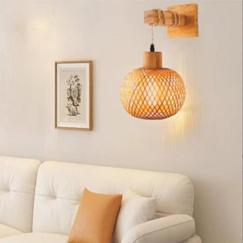 Bamboo Lantern Wall Lamp Natural Rattan Wicker E27 Chandeliers Hand-Woven Bamboo Room Decor Lampshades Wall Light Fixtures