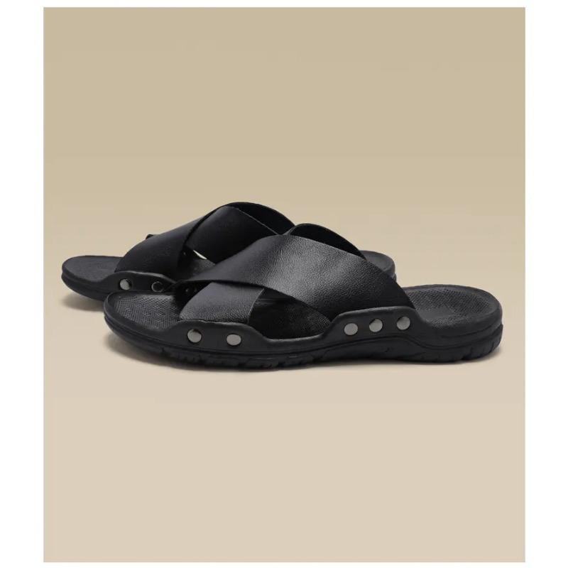 Pánské kožené nazouvací sandály s křížovým páskem Protiskluzové neformální pantofle