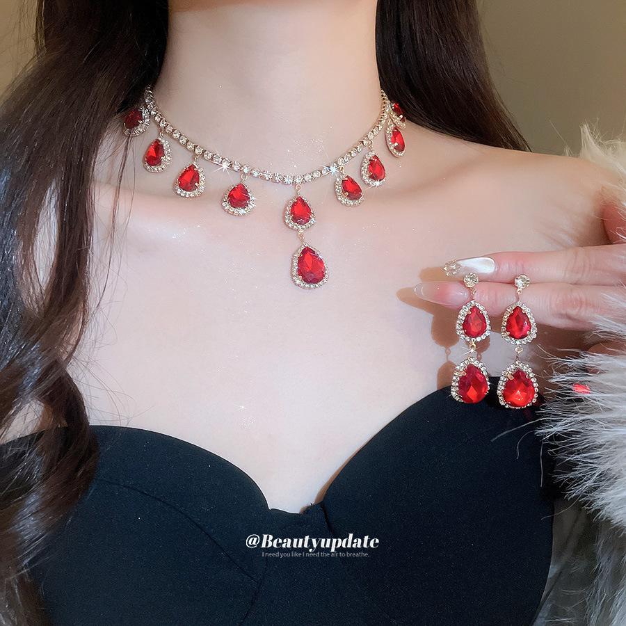 Elegant Rhinestone Tassel Geometric Water Drop Necklace & Earring Set