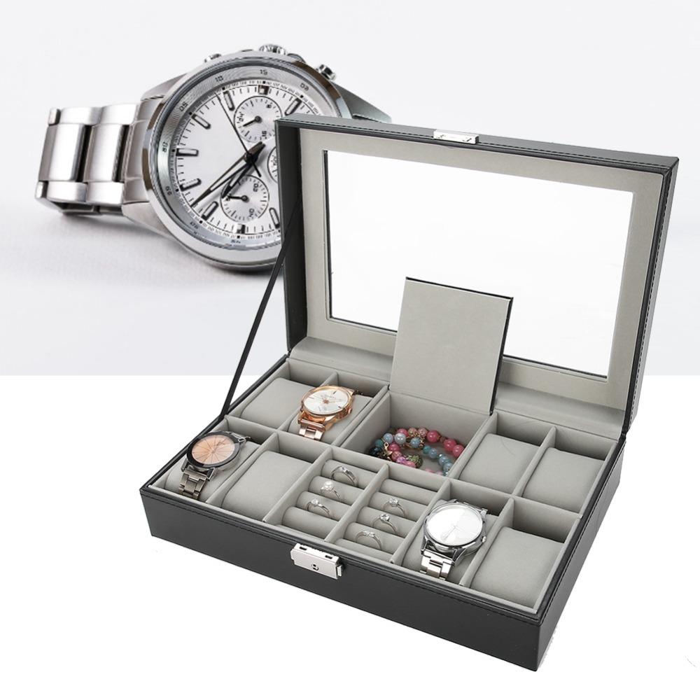 Secure Leather Watch Box Glass Window Key Lock Jewelry Box 8 Slots Gray Flannel Watch Case Personal Use
