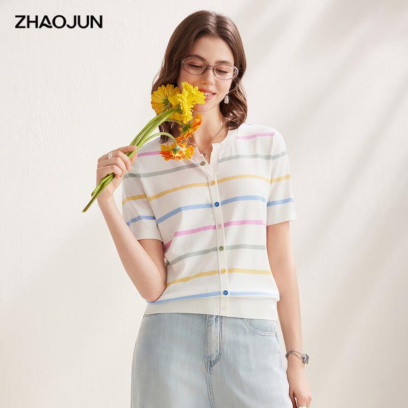 Zhaojun Women's Striped Mulberry Silk Blend Short Sleeve Knit T-Shirt