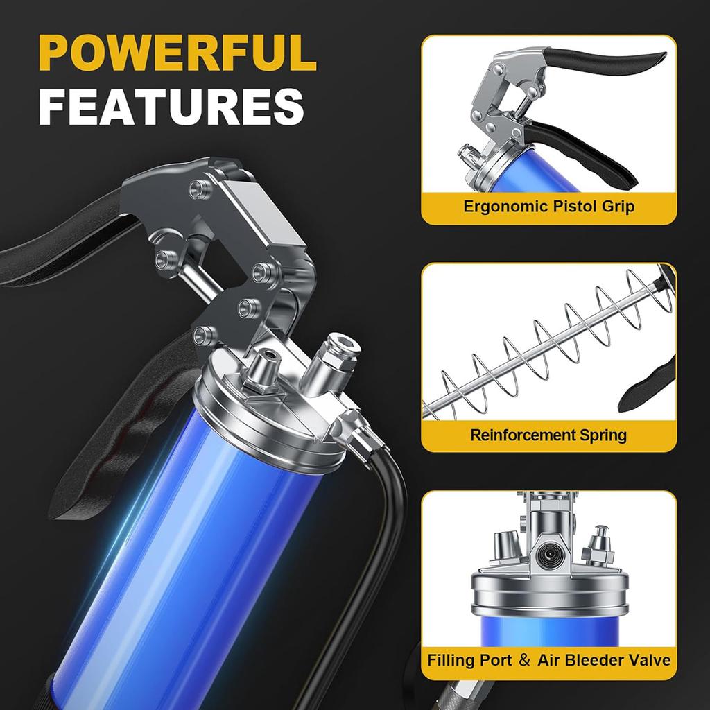 Grease Gun Kit,7000 PSI Heavy Duty Grease Gun with Lock Coupler,18"Spring Flex Hose,Standard Hose,Grease Injector,Needle,Coupler