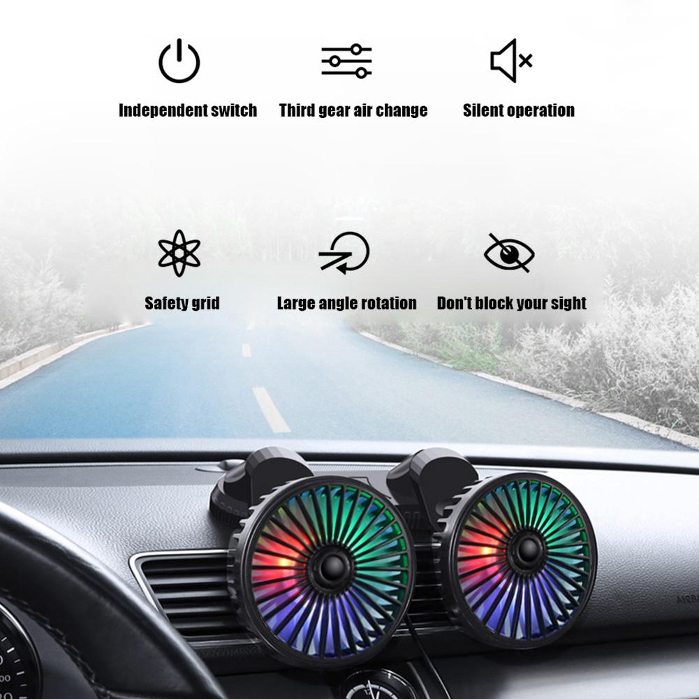 Dual Head Car Fan USB Powered with LED Lights Electric Car Fan 3 Speeds Adjustable Powerful Cooling Fan Multi-Angle Rotation