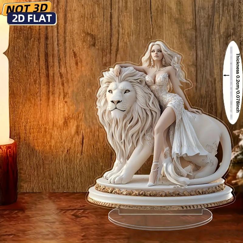 2D Flat Lion Statue Acrylic Desktop Decoration, White Lion & Woman Design, Home Decor Plaque Hanging Wall Art Decorative Garden Decoration for Room Do