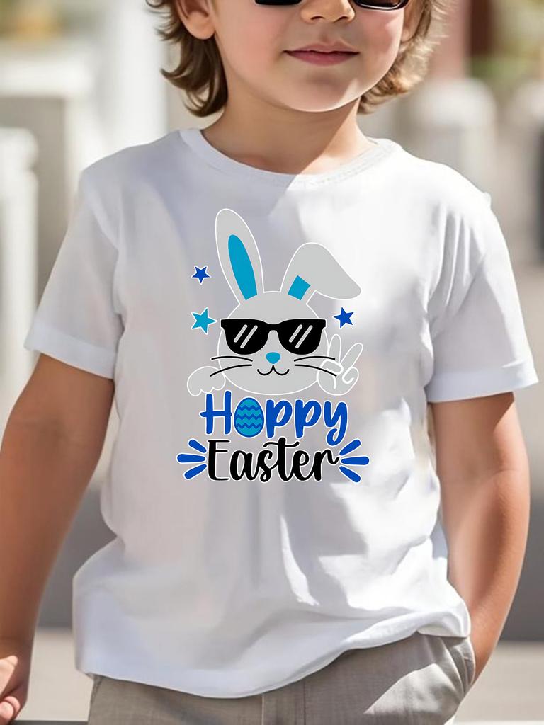 European sizes Children Happy Easter Bunny Print Boys' Short-Sleeve T-Shirt 100% Polyester Machine Washable Fun Cartoon Design for Spring/Summer/Fall