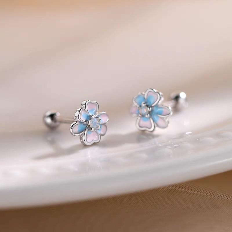 Silver Enamel Flower Bead Screw Plant Stud Earrings For Women Classic Fine Jewelry Exquisite Accessories