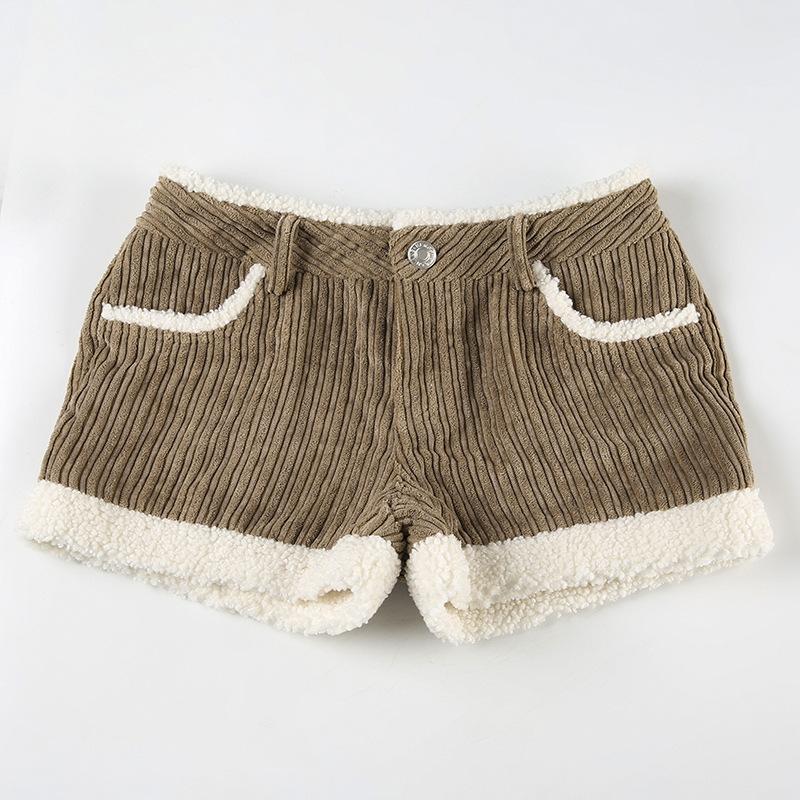 Dámské manšestrové šortky s proužky, s kožešinovým prošíváním v kolizních barvách, univerzální, s nízkým pasem, slim fit, pro pikantní dívku