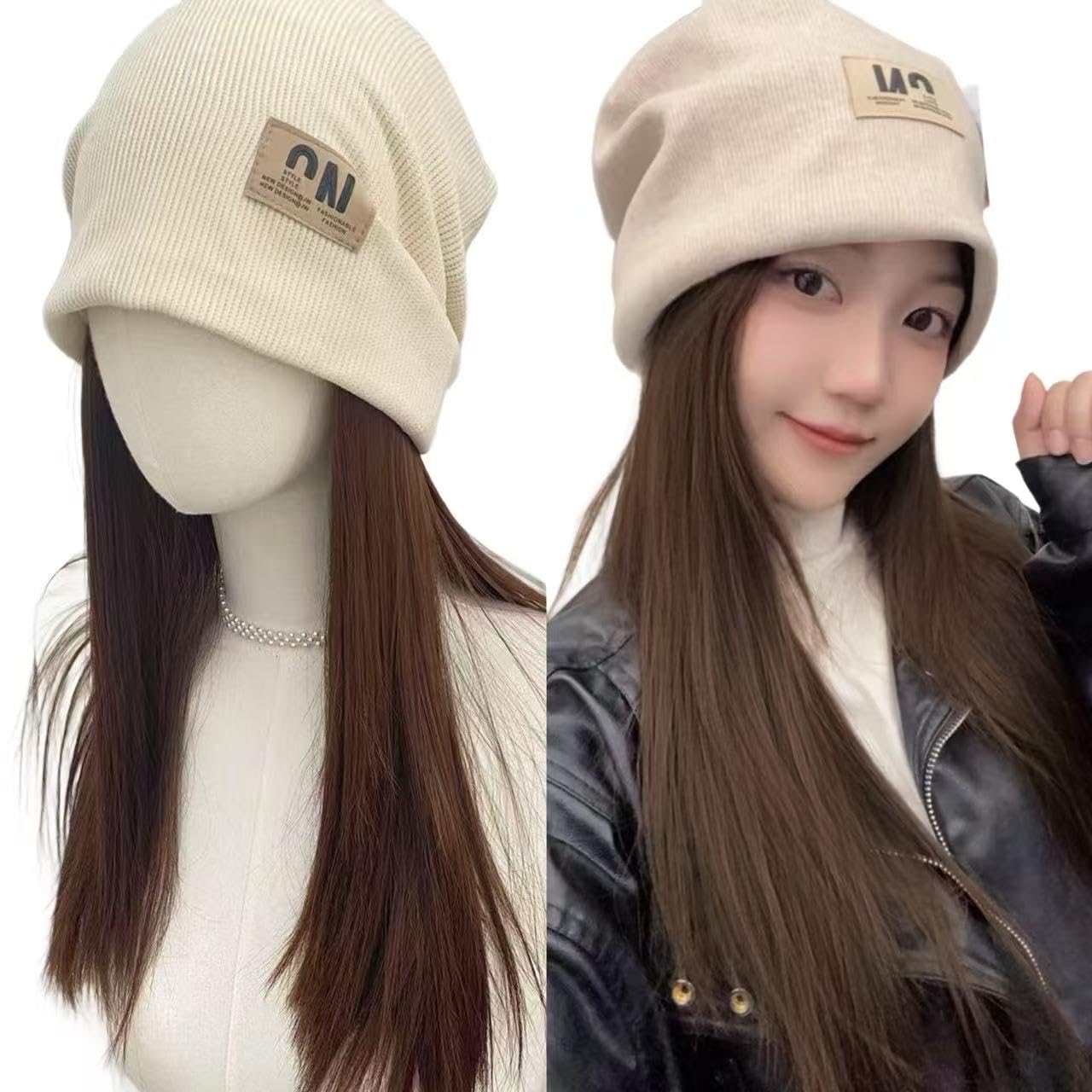 

Natural Black Hair Wig with Beanie Medical Hair Korean Easy to Wear Hat, Grade, Extensions, Cosplay, Fashion, One-Piece Set, (Light Brown)