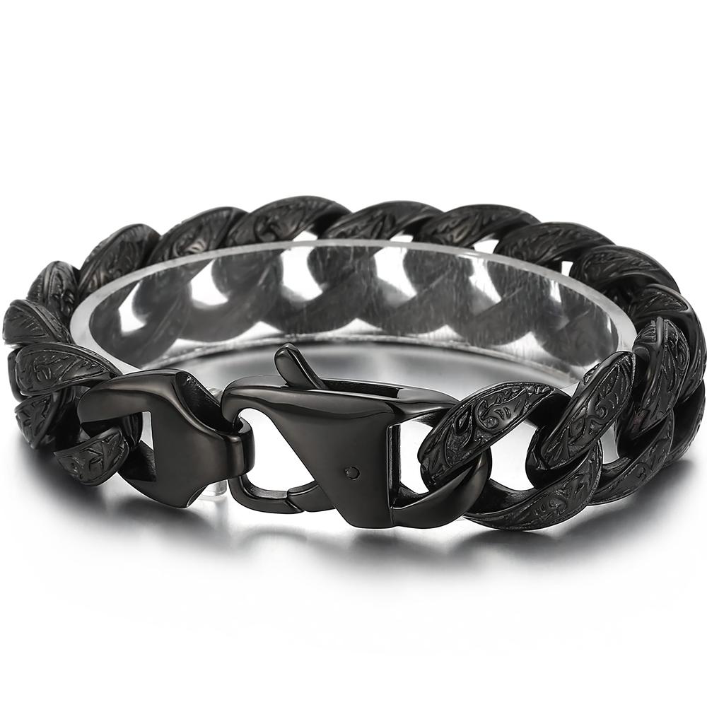 Vintage Black Gold Color Cuban Link Chain Bracelet for Men Solid Stainless Steel Men's Bracelets Birthday Gifts for Dad Husband Him