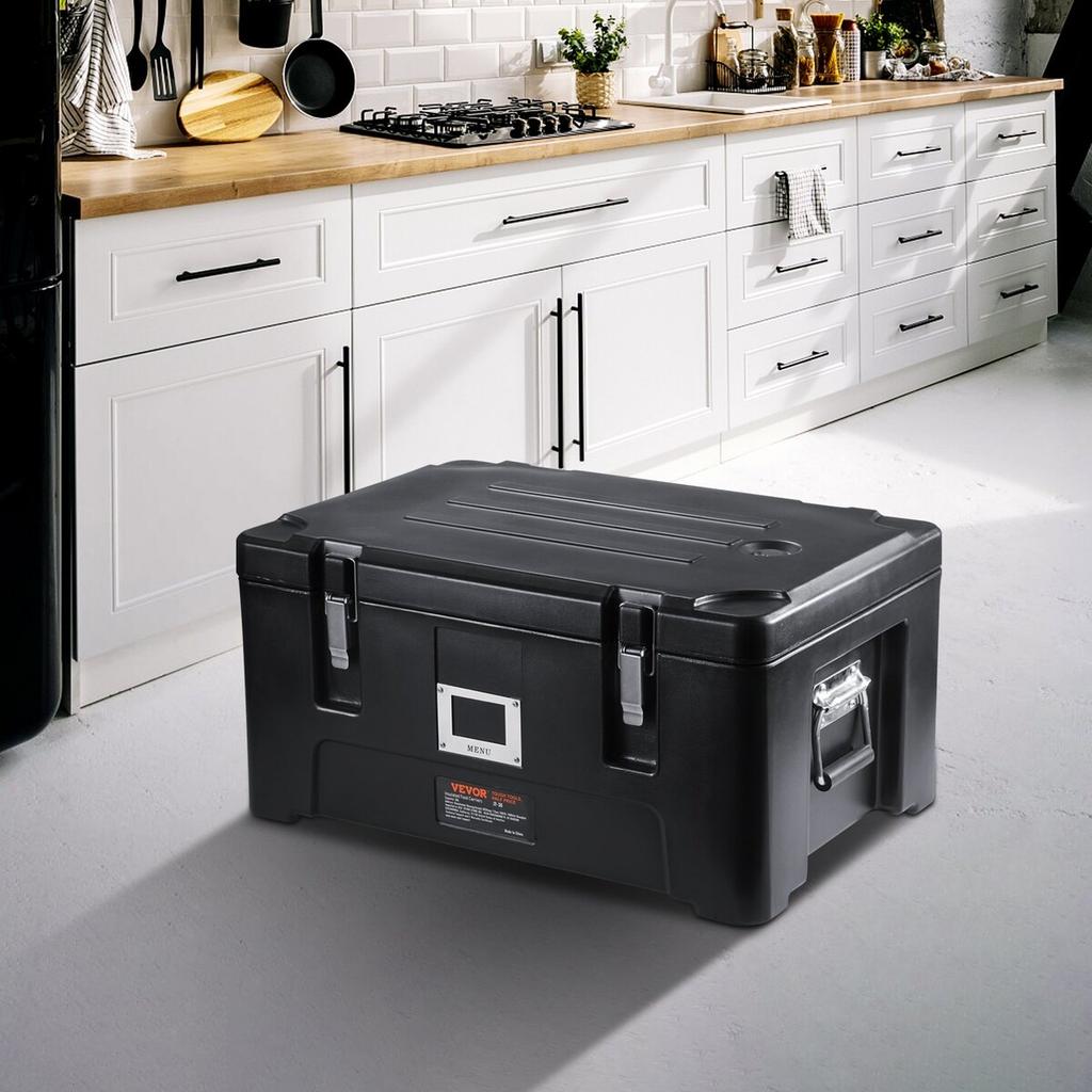 Insulated Food Pan Carrier, 36Qt Capacity, Stackable Catering Hot Box with 3 Stainless Steel Pans, Top Load LLDPE Food Warmer with Elastic Side
