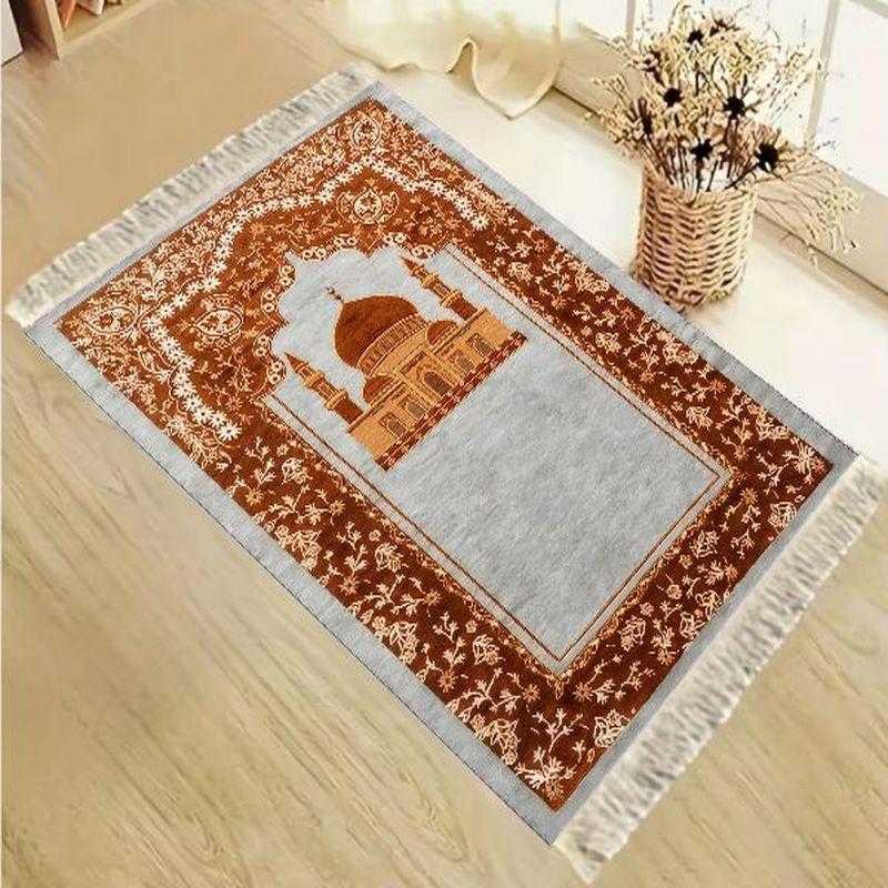 Tapis de Salat Islamique en Velours Motif Floral Bleu Vintage Arches de Mosquée Tapis de Prière Portable Antidérapant Décoration de Maison pour l'Aïd Cadeau