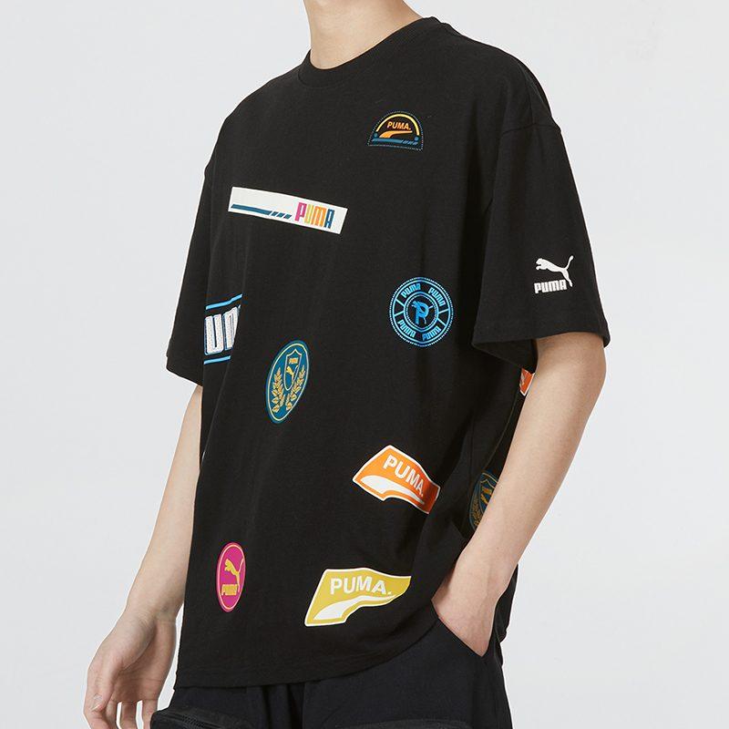 Puma PRINT MIX BADGE T Shirts Men's Black Crew Neck Moderate Straight Fit 537795-01