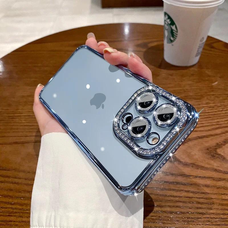Glitzernder Diamant Kamera Schutzhülle für iPhone 14 11 12 13 16 17 Pro Max Air 15 16 Plus X Xr Xs Mädchen Silikon Hülle