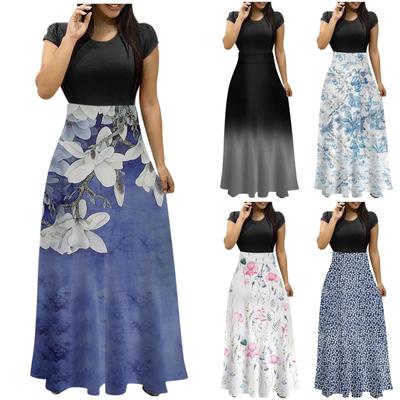 Sommermode für Damen, lässig, Vintage-Stil, bedruckt, Rundhalsausschnitt, kurze Ärmel, Maxirock