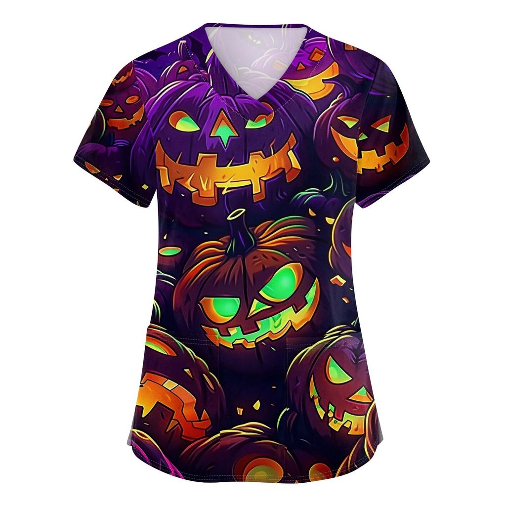 Women's V-neck Halloween Printed Short-sleeved Pocket Side-slit Protective Suit Top