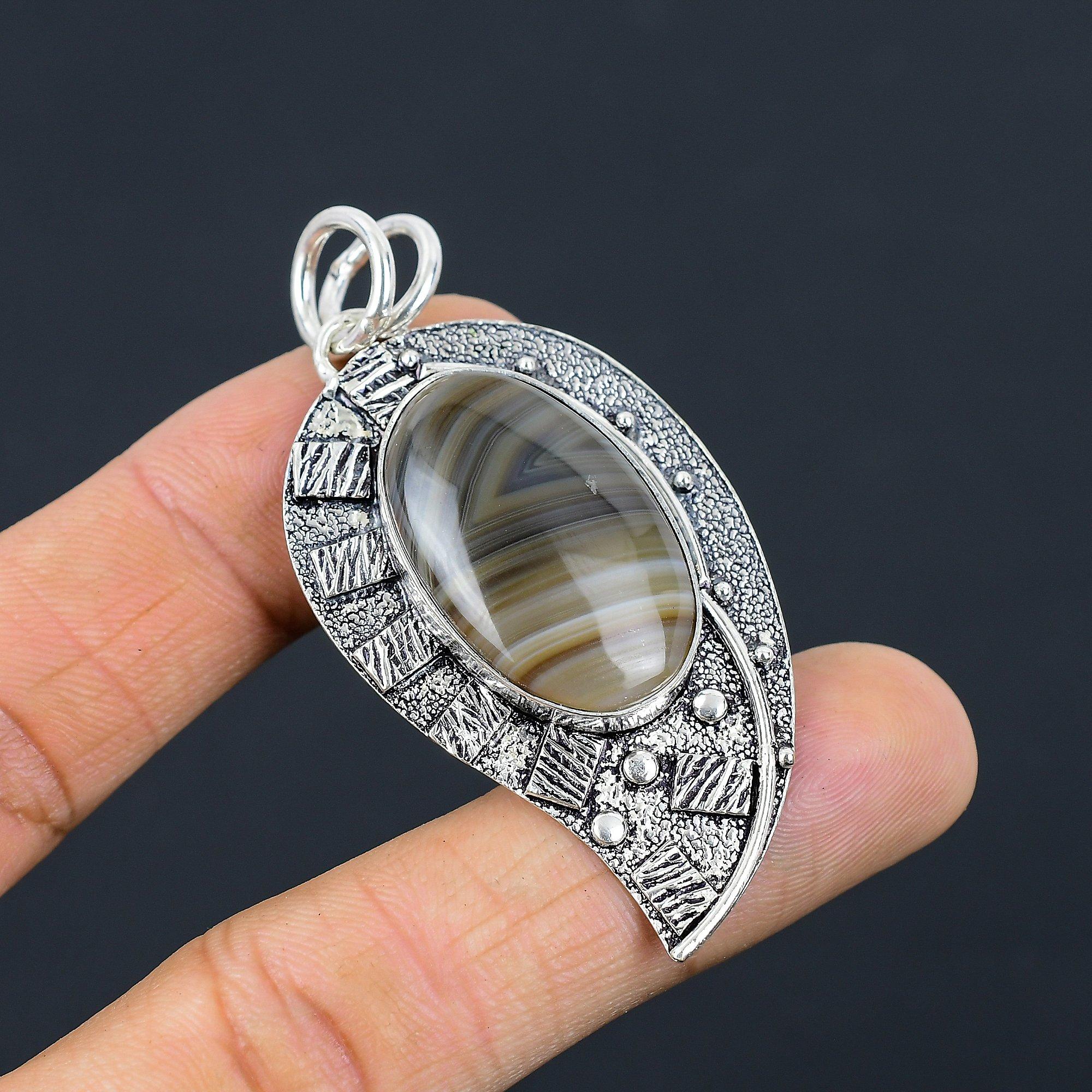 

Mothers day Deal Botswana Agate Gemstone Wedding Wife Pendant Jewelry 925 Silver
