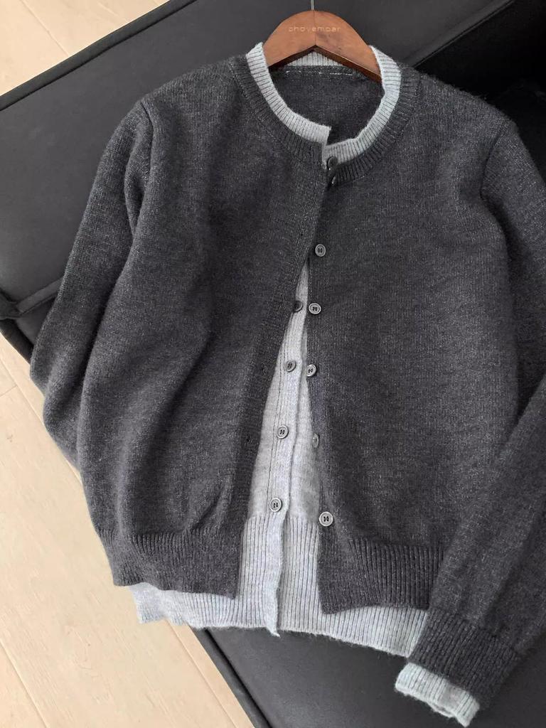 Korean Style Grey Knit Color Block Cardigan Jacket - Women's Lazy Autumn Chic Two-Piece Sweater Top