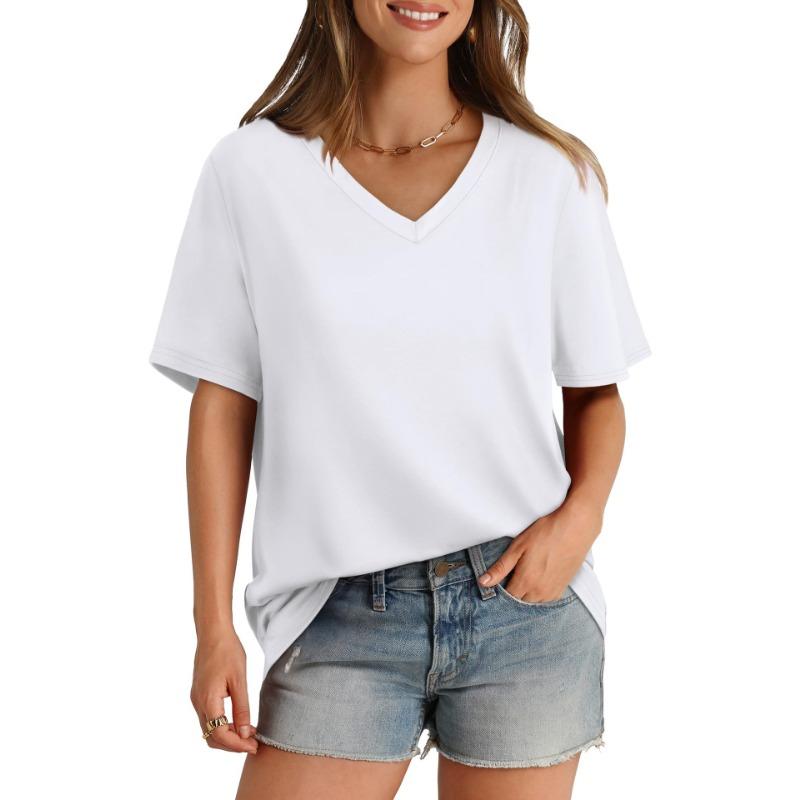 

Summer V-neck Solid Color Top Fashionable Casual Short Sleeved Women s T-shirts 5XL білий