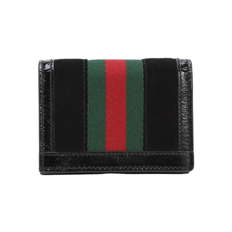 Gucci Ophidia gold label logo striped webbing leather splicing short flip card holder wallet men's black