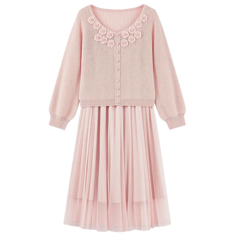 

Qiushui Yiren French Embroidered Cardigan & A-line Skirt Set M