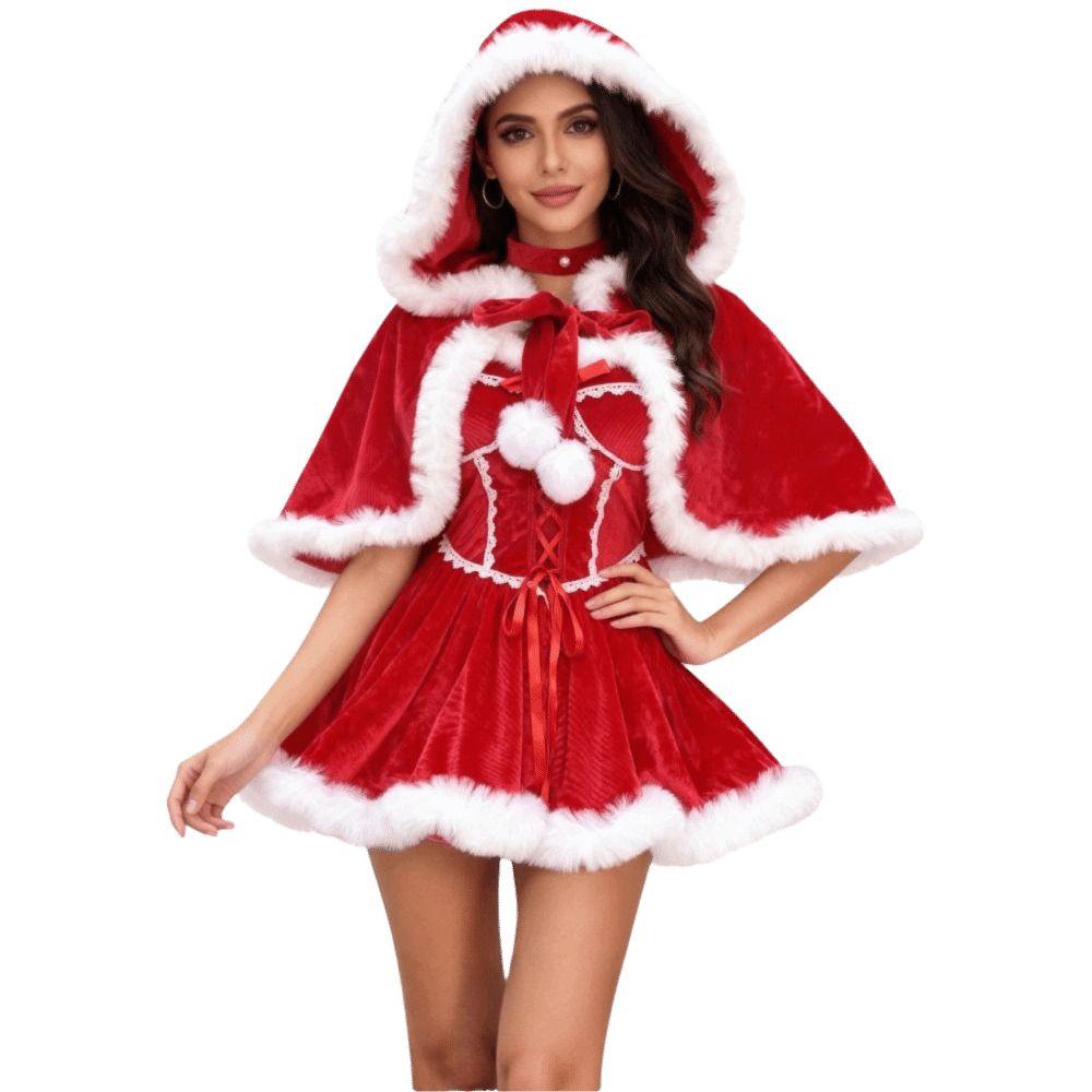 Gold Velvet Christmas Dress Santa Claus Santa Hat Cosplay Christmas Outfit Hooded Christmas Perform Costume Fancy Party Dress