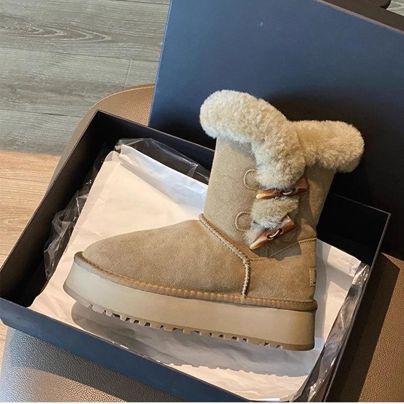 Eckenschnalle Schneestiefel Damen Winter neu mittelhohe Baumwollstiefel gefüttert verdickt warm Baumwollschuhe