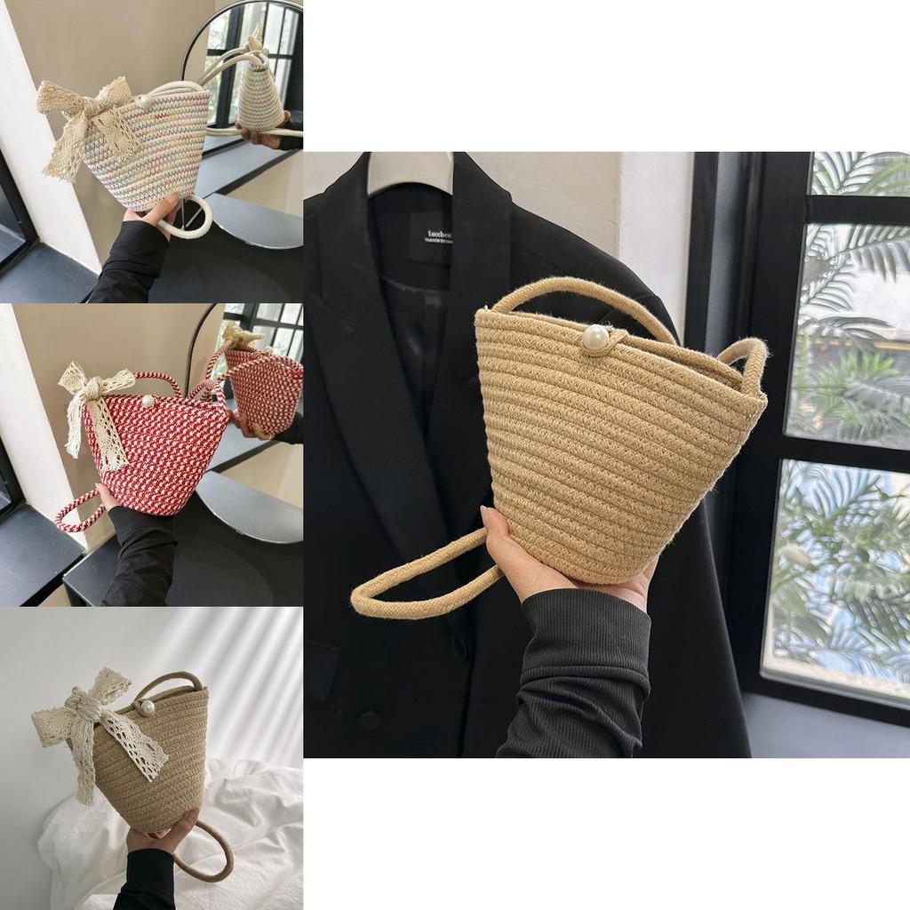 Elegant Soft Woven Bucket Bag For Women Casual Summer Style Shoulder Handbag In Khaki Red And Colorful