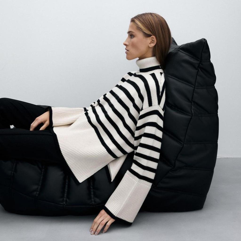 Women Fall Winter Turtleneck Long Sleeve Knit Striped Slit Loose Sweater