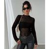 Mesh Long Sleeve Top for Women, Lace Sheer Tops See Through Mock Neck Floral Embroidery Sheer Blouce Fishnet