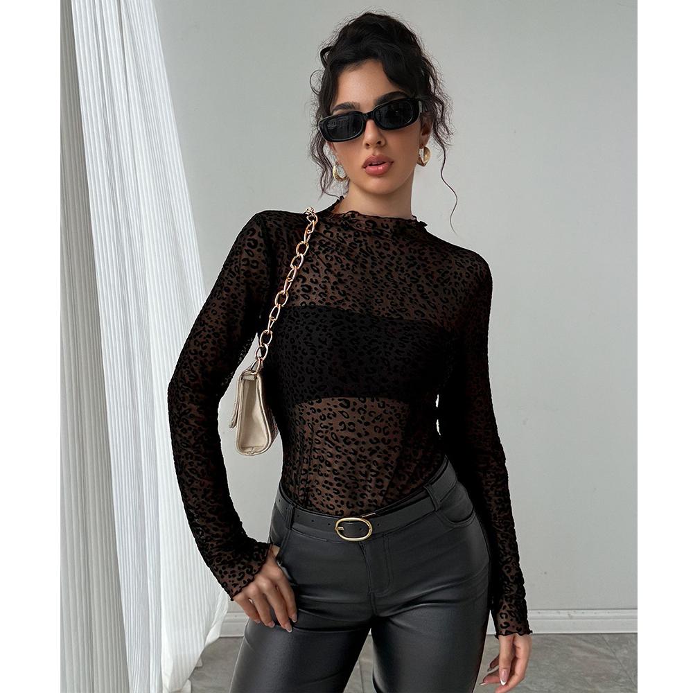 Netz Langarm Oberteil für Damen, Spitze Durchsichtige Oberteile Durchsichtig Mock Neck Blumenstickerei Durchsichtige Bluse Fischernetz