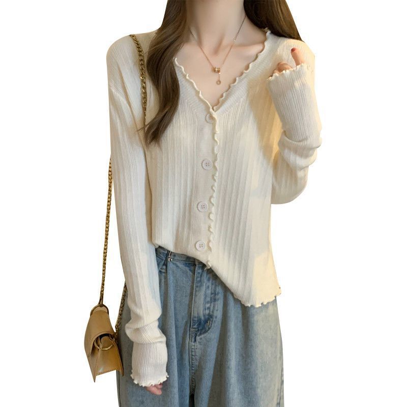 Knit Top Spring Fall Premium V Neck Air Conditioning Cover Versatile Sweater Thin Coat Long Sleeve Cardigan Women
