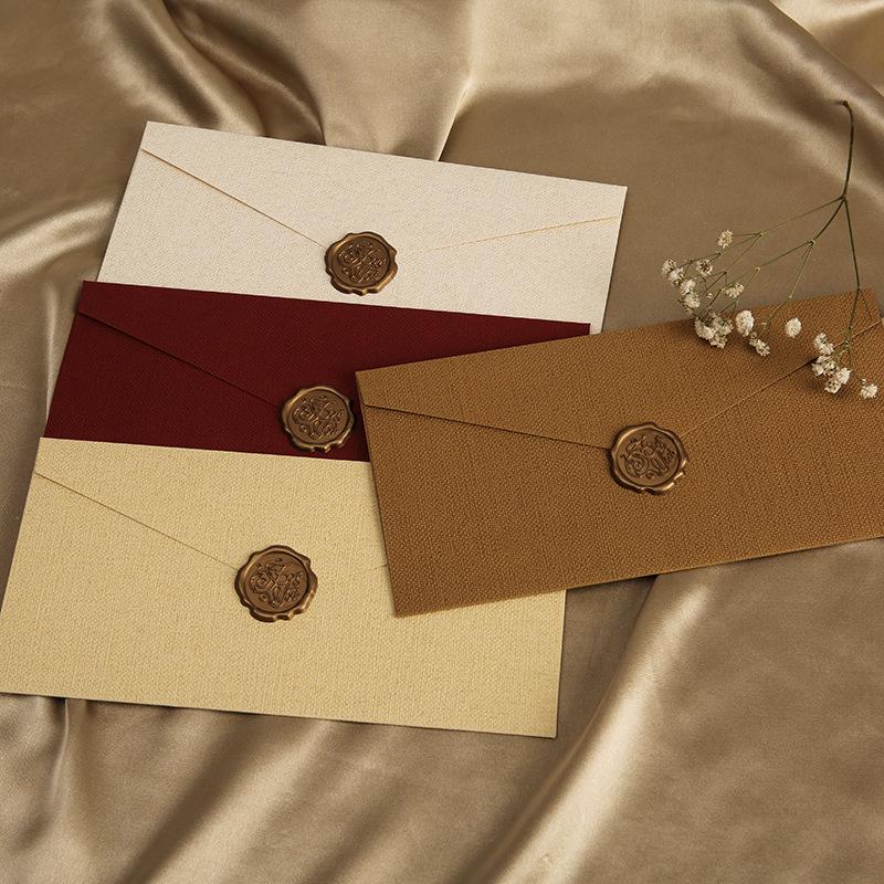 Linen Envelope Letter Paper Set No. 5: Western Retro Love Letter & Wedding Invitation Stationery with Handwritten Sealing Wax.