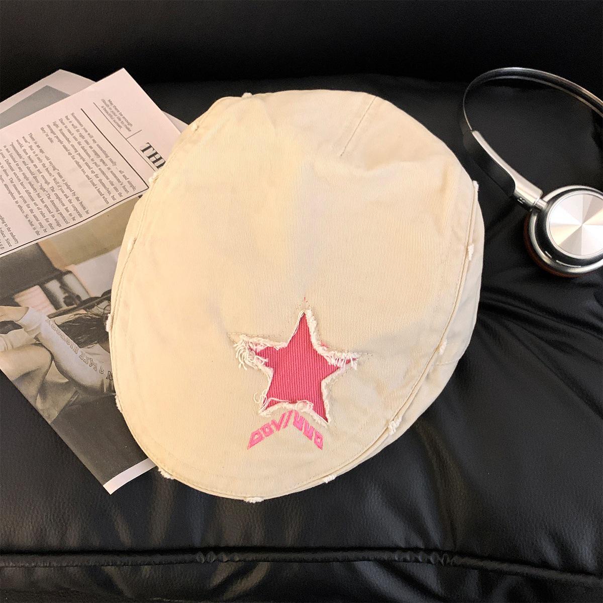 Women s Autumn Winter Retro Star-Patterned Distressed Newsboy Beret Hat бежевый