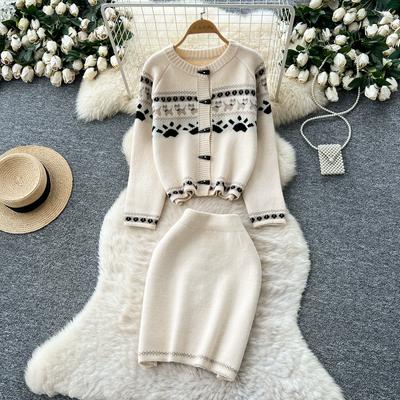 Autunno Inverno Donna Maglione Lavorato a Maglia con Stampa Dolce Set Due Pezzi Giacca Cardigan monopetto e Minigonna Tubino
