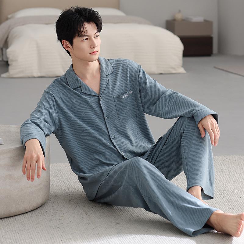 Men's pajamas spring and autumn pure cotton long-sleeved cardigan spring and autumn men's dad plus size cotton loungewear set