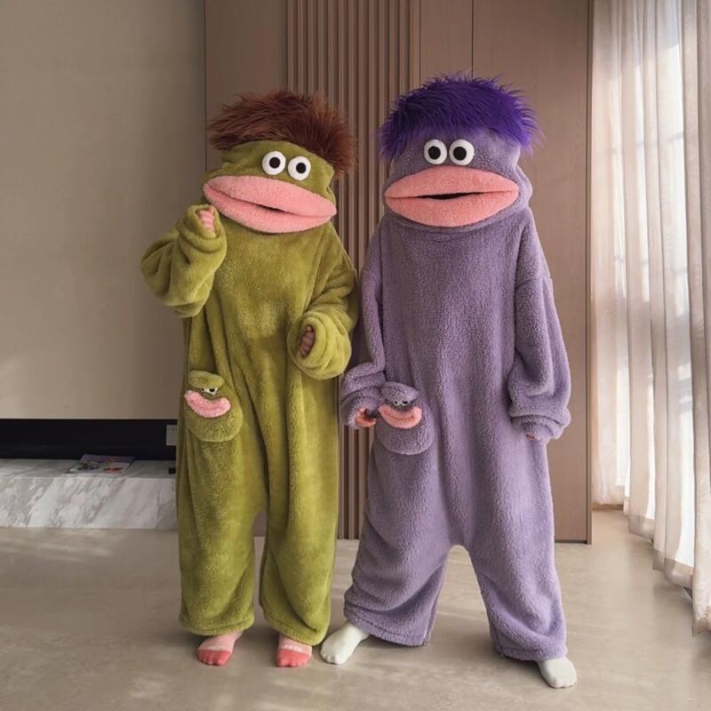 Pyjama Monstre à Grande Bouche pour Enfants Pyjama Drôle Doublé Polaire Corail Pyjama à Capuche Dessin Animé Nouveau pour Enfants