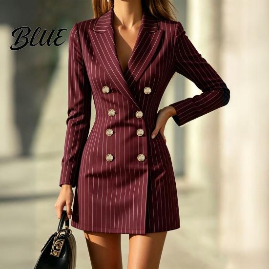 Striped Blazer Dress Women for Fall Double-breasted Lapel Collar Mini Slimming Waist Dress Slim Fit Cinched Above Knee Short Office Wear