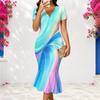 Women Plus Size V Neck Short Sleeve Colorful Printed Fitted Fishtail Dress