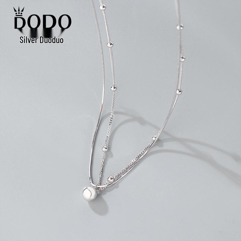 

S925 Sterling Silver Double-Layer Snake Bone Chain Necklace with Smooth Bead Pendant - Korean Style for Women. 925 Silver