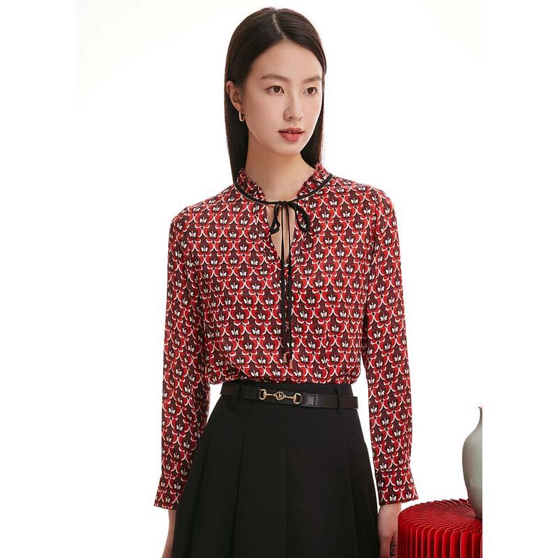 JESSIE Women s Printed Ruffle Tie-Neck Long Sleeve Blouse S