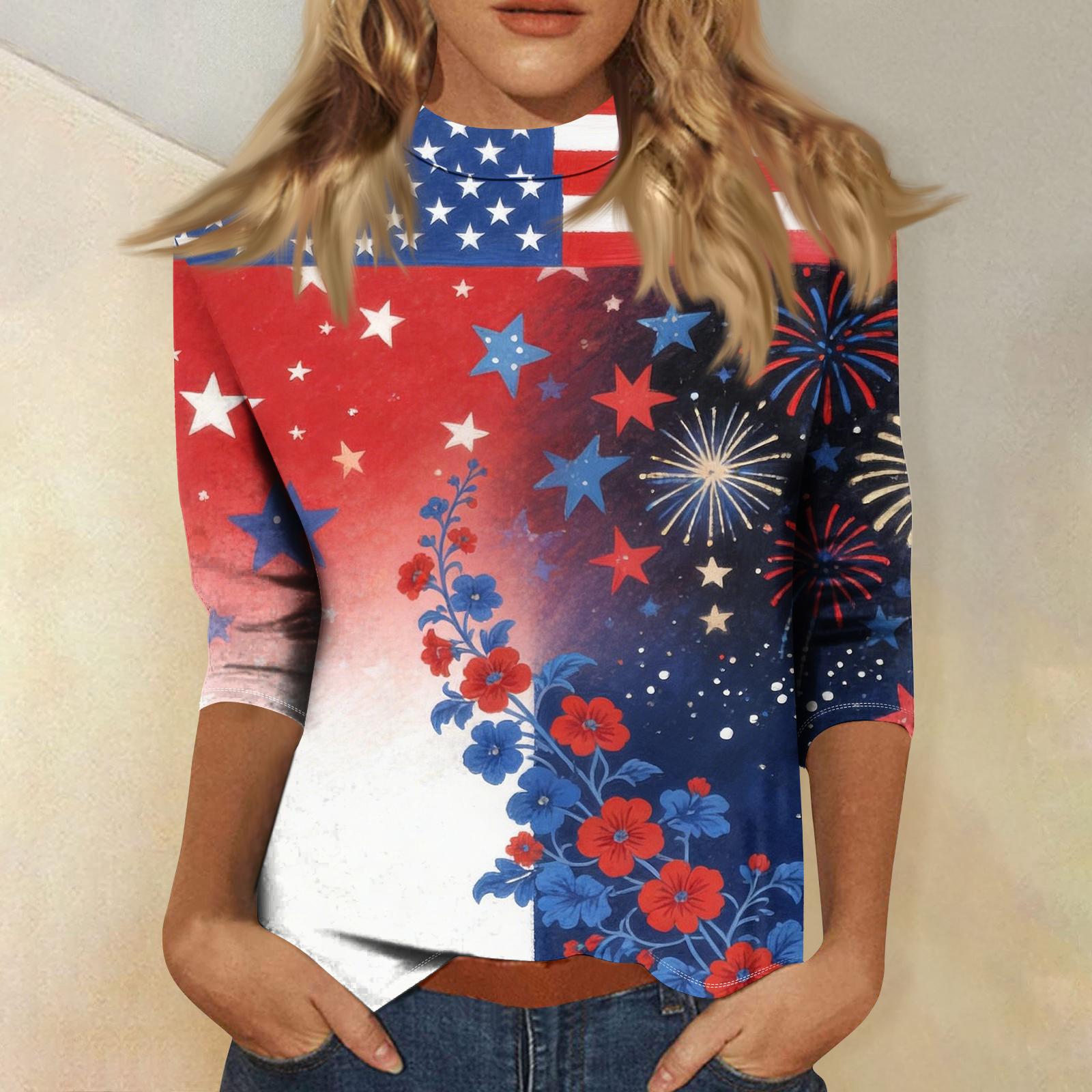 

Женская модная повседневная футболка с принтом ко Дню независимости, с воротником-стойкой, рукавом 3/4 L синий