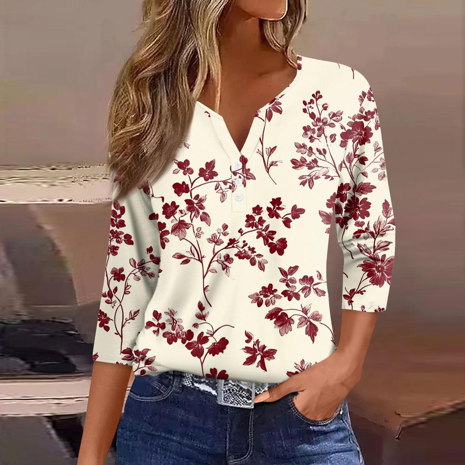 

Женская мода пуговиц V-образный вырез семь рукавов винтажный цветочный принт повседневный топ XXXL красный