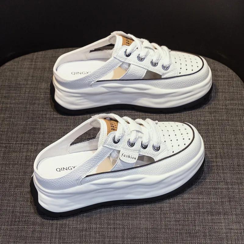 Fashion Genuine Leather Slippers Women Hollow Mules Summer Height Increasing Breathable Casual Shoes Wedges Platform Lace-up Sneakers