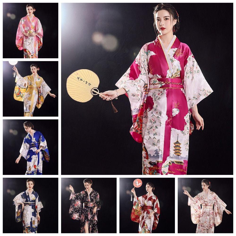 Printed Floral Sakura Girl  Kimono Dress Cosplay Costume Japanese Style Yukata Bathrobe  Travel