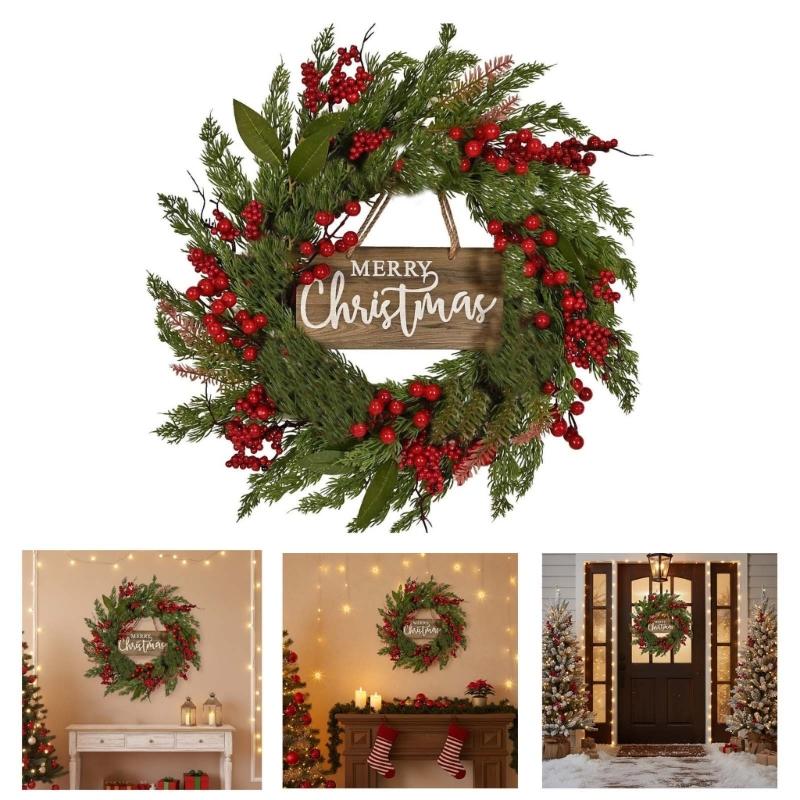 Pine Needle and Berries Door Wreath For Christmas New Year Indoor Outdoor Decorations Easy To Hanging Window Accessory