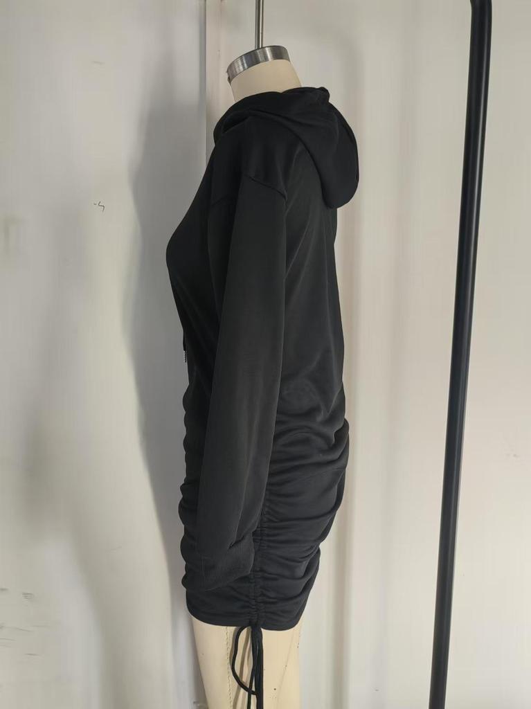Autumn 2024 Ruffle Hooded Sweatshirt Dress with Side Drawstring for Women
