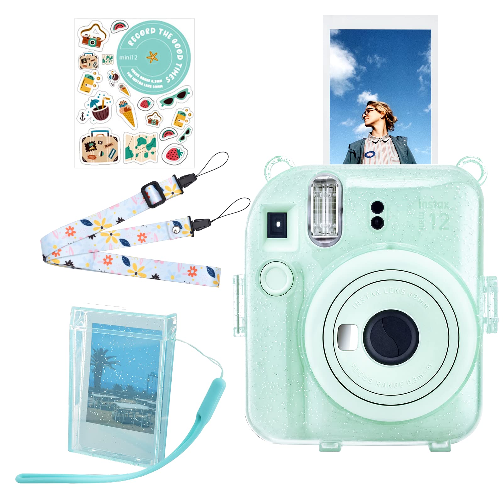 

HIYQIN instax mini 12 FUJIFILM міні-набір чохла прозора кришка Instax 12 прозорий чохол з плечовим ремінцем наліпка для зберігання фотографій для чохла Instax 12, Instax 12 зелений