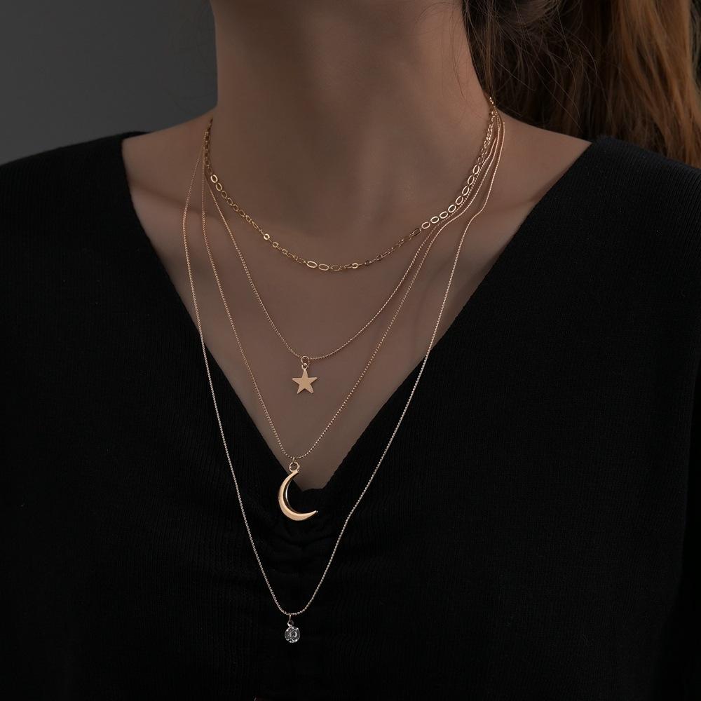 Bohemian, Star Moon Multi-layer Pendant Necklace Metal Female Personality Long Stacked Necklace
