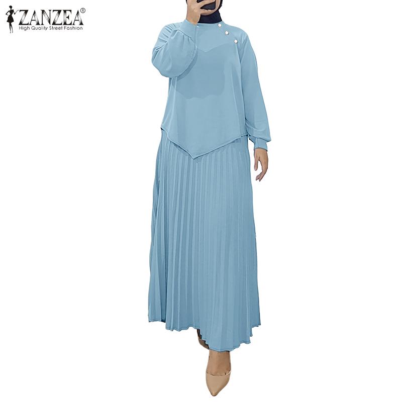 ZANZEA Women Long Sleeve Blouse and Long Pleated Skirts Casual Two Piece Suit Sets