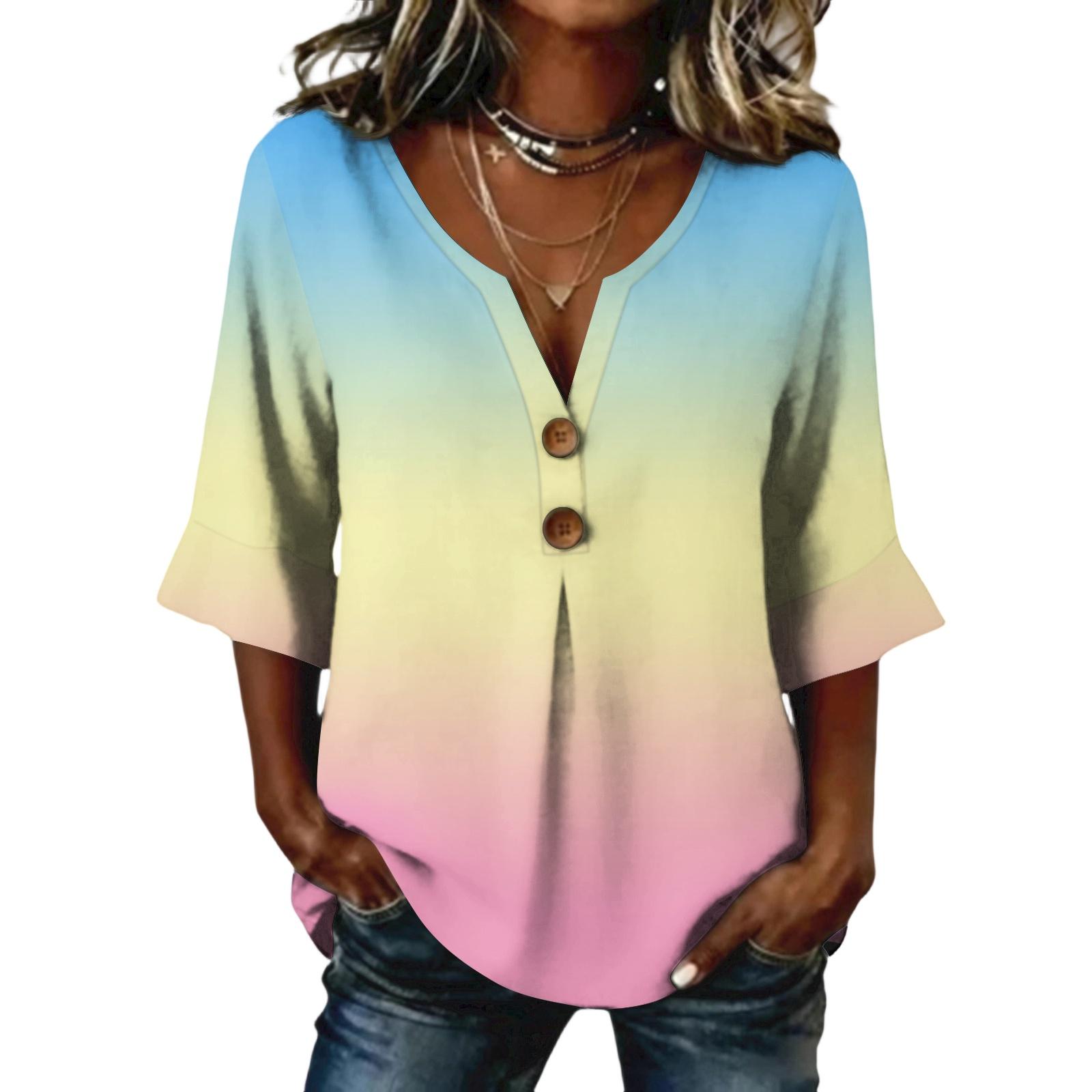 

Ladies gradient printed button casual V-neck fashionable seven quarter sleeve top L жёлтый